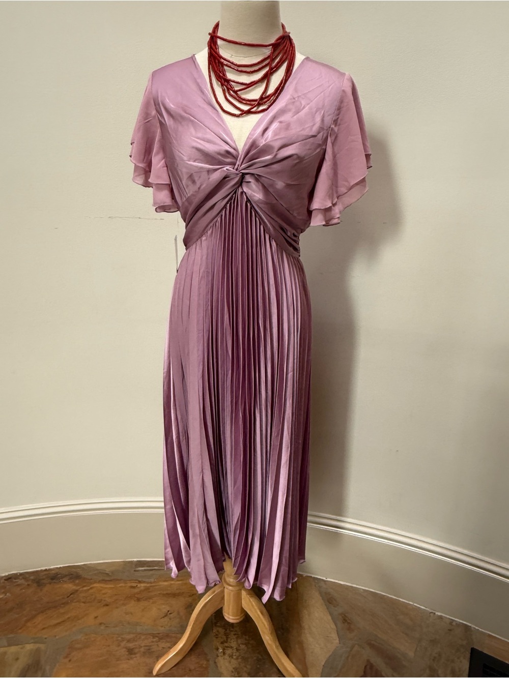 NWOT Dusty Rose Pleated Flutter Sleeve Midi Dress - Picture 2 of 15